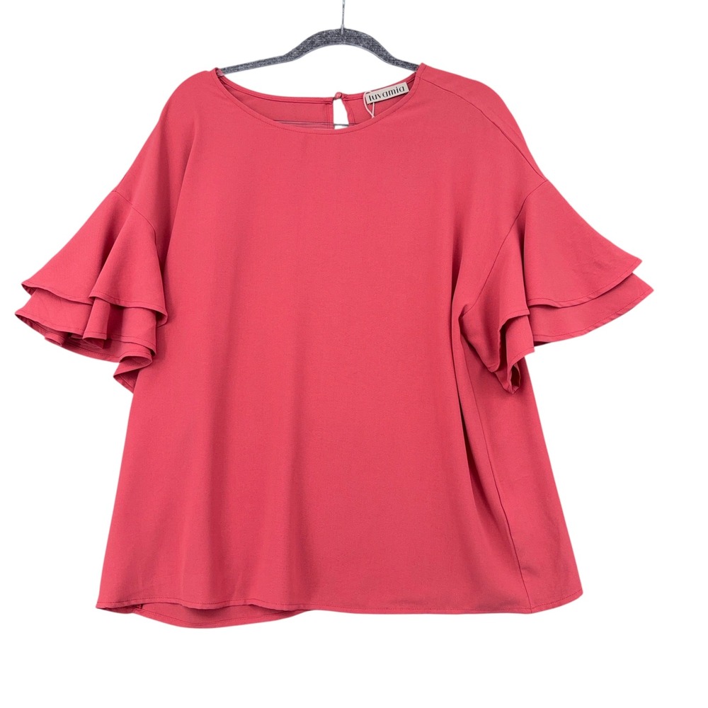 Luvamia Womens Coral‎ Pink Tiered Bell Sleeve Blouse Keyhole Back XL LC251786